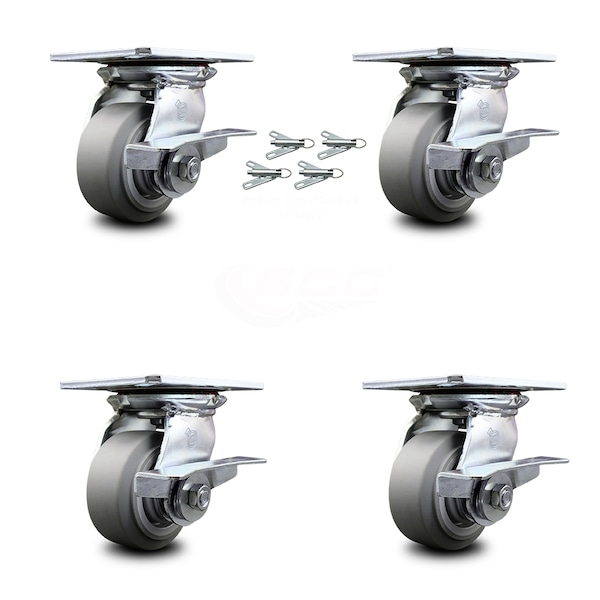 4 Inch Thermoplastic Caster Set with Ball Bearings and Brakes/Swivel Locks SCC